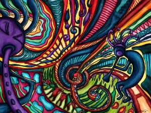 Colorful abstract Kokopelli dancer