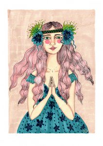 boho girl in blue and pink