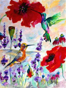 Hummingbirds and Red Poppies