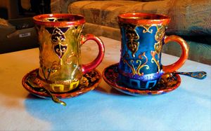 painted teacups,saucers,spoons,6 set - indianArtOnCanvas