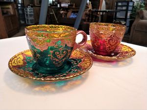 set of 6 hand painted glass teacups