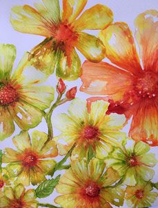 Watercolour wild  red flowers yellow