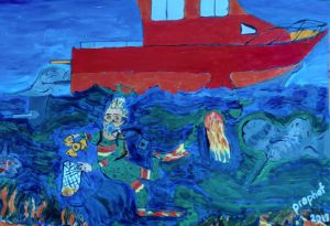 Boy is fishing, cat is sleeping - Alina Morozova - Paintings & Prints,  Sports & Hobbies, Fishing - ArtPal
