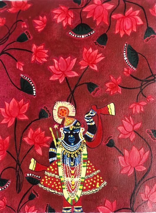 Painted Pichwai - Sri Nathji & Water Lilies From Rajasthan Painted Pichwai - Sri Nathji & Water Lilies From Rajasthan