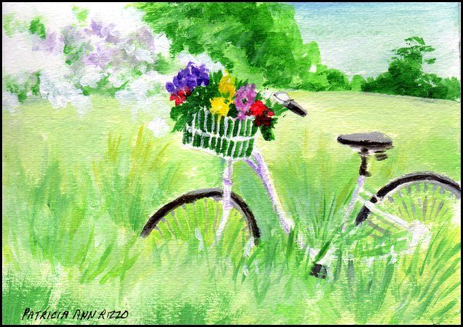 Original Art Bicycle In The Countr Patricia Ann Rizzo Paintings Prints Landscapes Nature Fields Wildflower Flower Fields Artpal