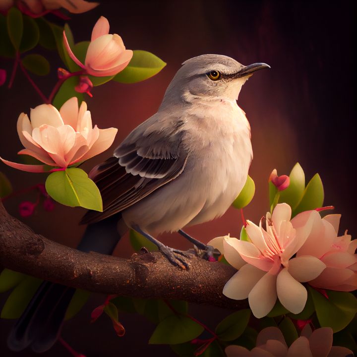 Mockingbird on a Apple Blossom 2 - State Birds - Digital Art