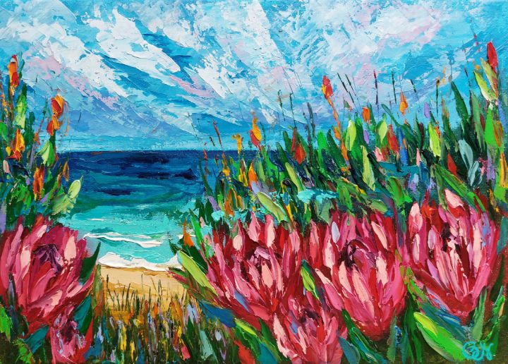 Protea Flowers South Africa Seascape - Olga Nikitina - Paintings