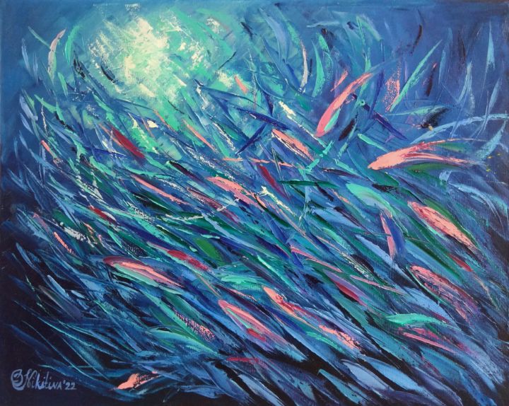 School of Fish Sardines - Olga Nikitina - Paintings & Prints, Animals,  Birds, & Fish, Aquatic Life, Fish, Tropical Fish - ArtPal