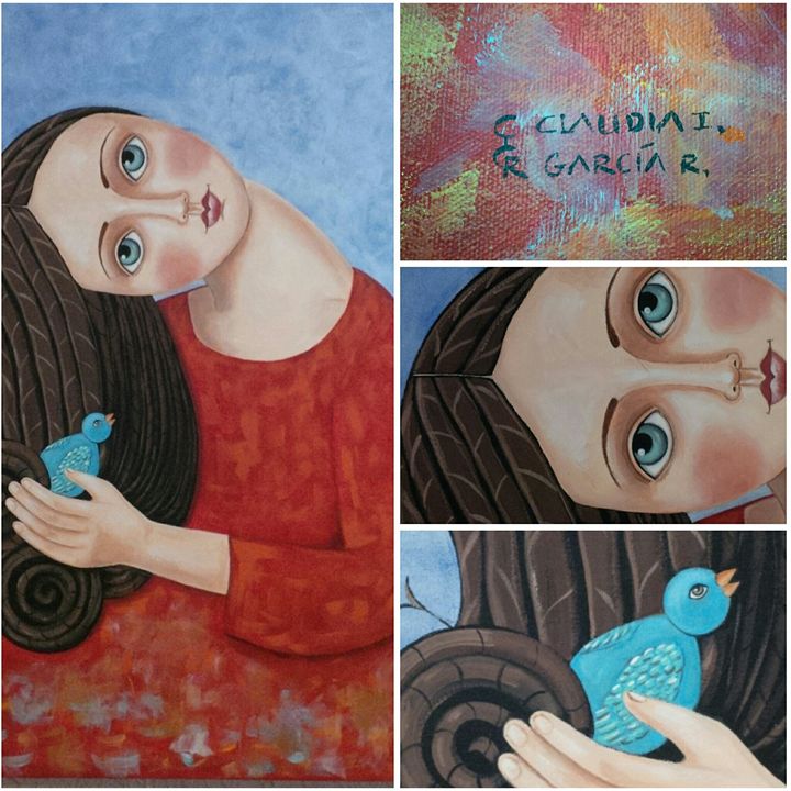 Girl and Bird Acrylic on Canvas - Lamat Galeria - Paintings