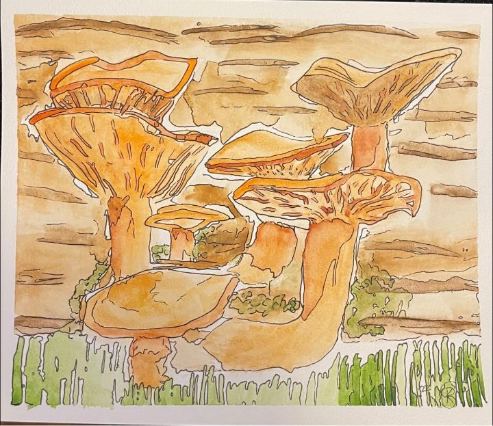 Mushrooms on Mossy Log - Karan S. Penton Designs