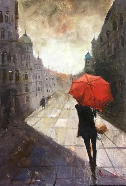 Red umbrella, oil, sold - Radovan Vojinovic-art