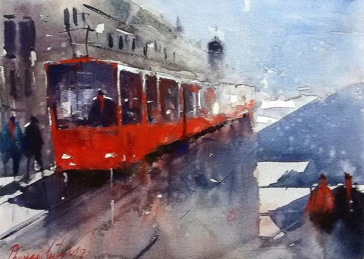 Red train , watercolor, sold - Radovan Vojinovic-art