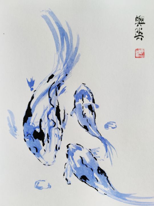 Three koi swiming. Sumie painting - manuelunsui