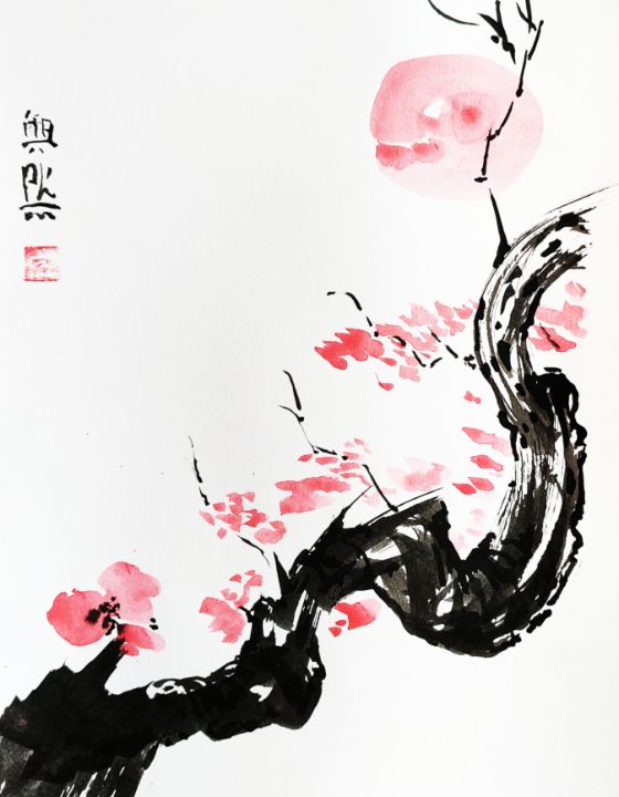 Sumie tree branch with red flowers - manuelunsui