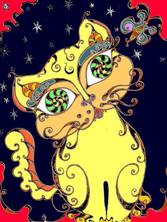 Loopy Cat (Yellow on Black) - Art by Rae Chichilnitsky