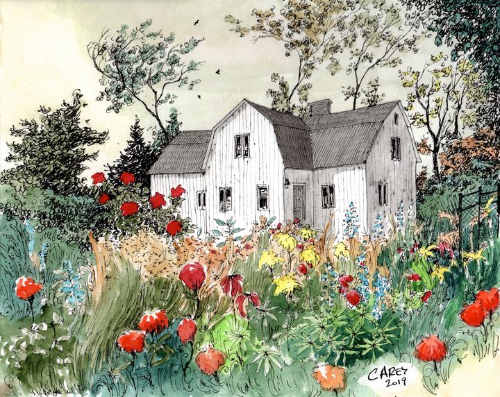 Swedish Home with Flower Garden - Rob Carey Art