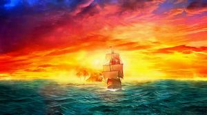 Ship on ocean in sunset