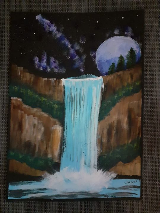 Nighttime Waterfall - Isovia Art - Paintings & Prints, Landscapes ...