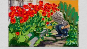 little boy watering big red flowers - CAROLYN SCHUSTER