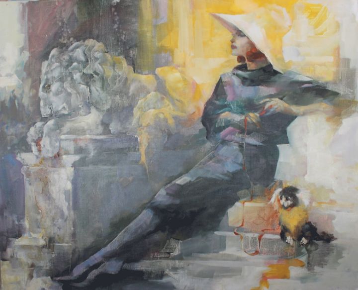 WOMAN 油絵アート A woman, a lion and a monkey - Serge Tziganov - Paintings & Prints