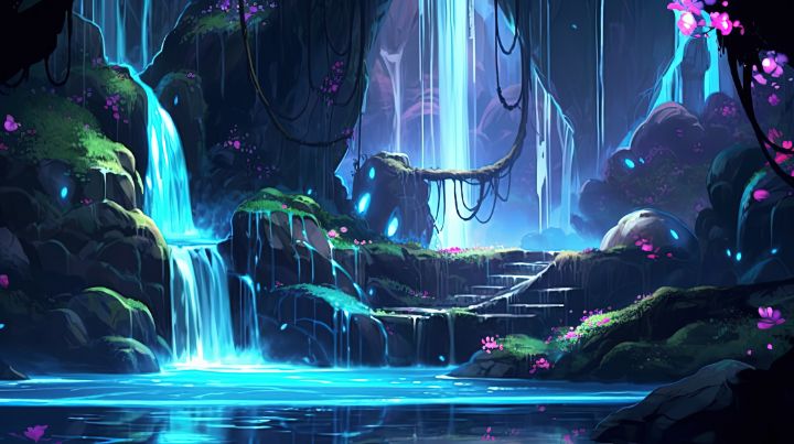 Glowing Waterfall at Night Illustrat - graphiXperience - Drawings ...