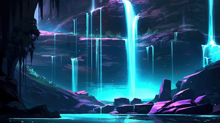 Glowing Waterfall at Night Illustrat - graphiXperience - Drawings ...