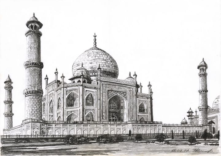 Watercolor Hand drawn architecture sketch of Agra, India Taj Mahal isolated  on white Stock Illustration | Adobe Stock