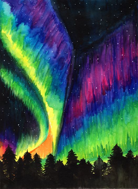 a painting of the aurora bore in the night sky with trees in the fo