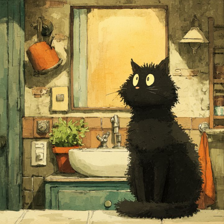 絵画 black cat Black Cat in a Cozy Bathroom - Erika Kaisersot - Digital Art & AI