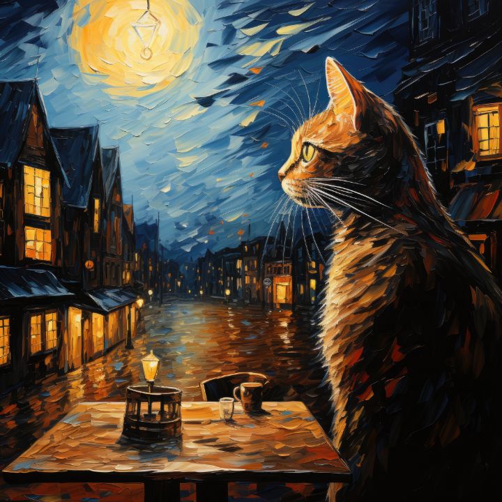 Cat and Cafe at Night - Erika Kaisersot - Digital Art, Animals, Birds ...