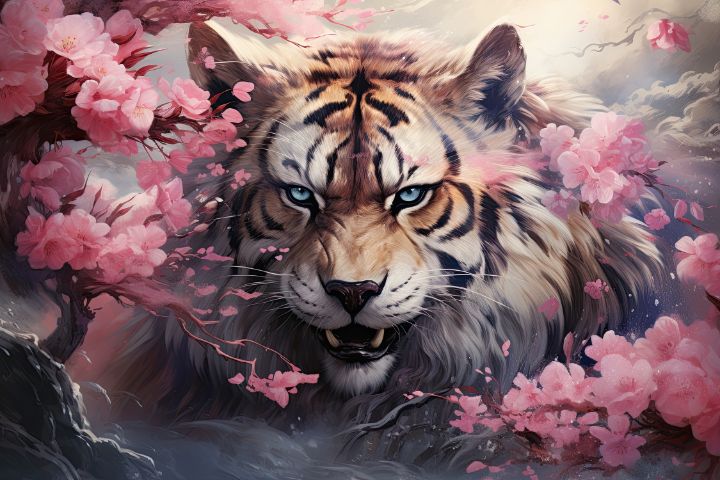 Tiger and Pink Cherry Blossom - Erika Kaisersot - Digital Art