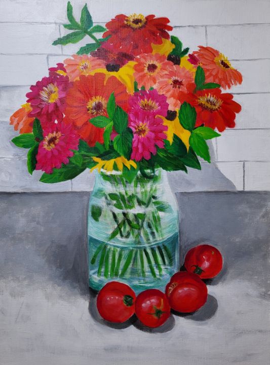 Dahlia flowers and tomatoes on base - Brier Patch Paintings by Yuhyun