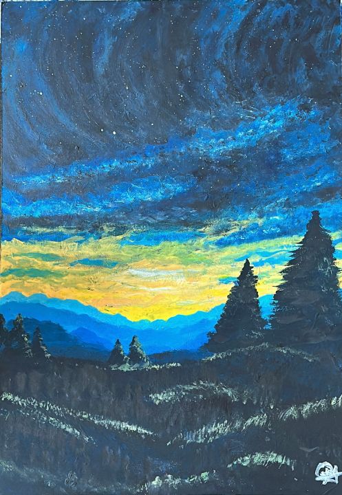 Acrylic Painting of a Sunset Landscape with White Field Flow