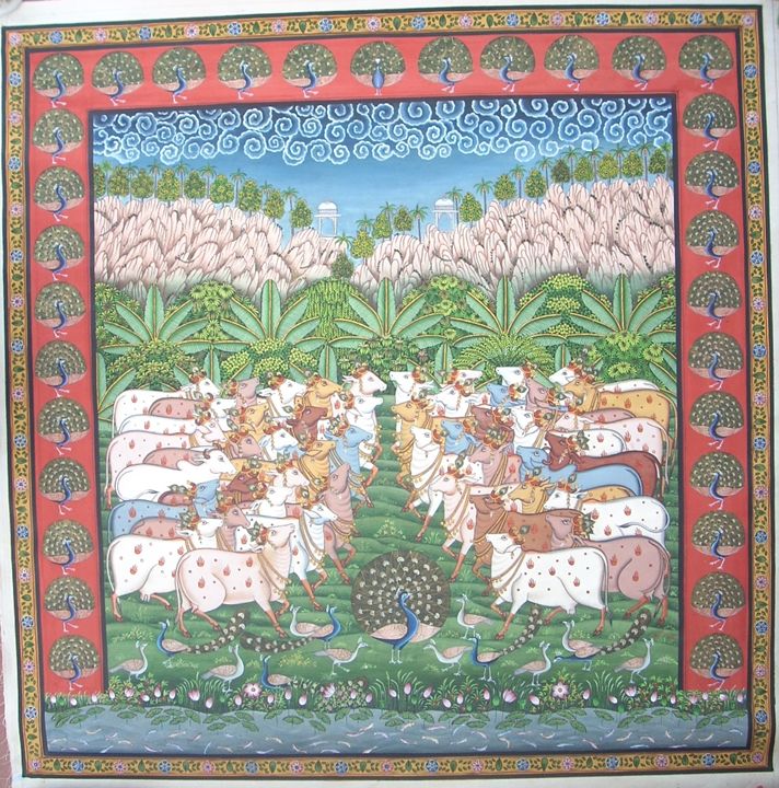 Group of Cows & Peacock - Pichwai Painting Artist