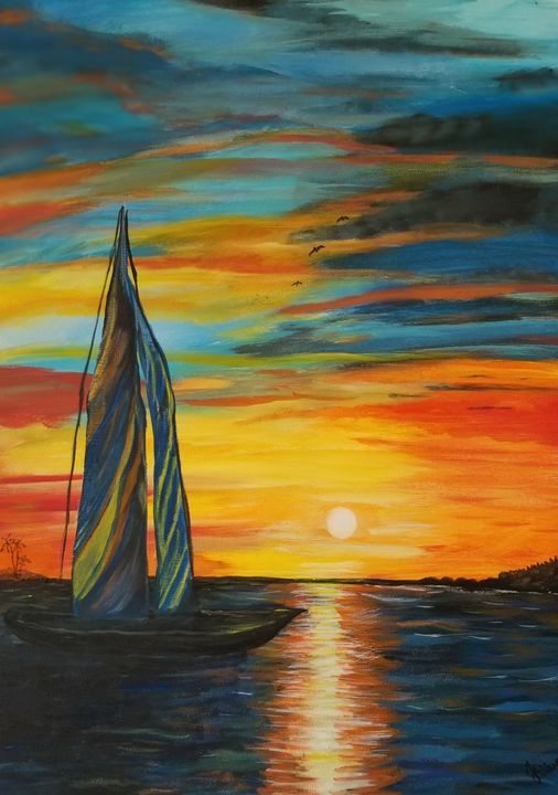 Sunset sailboat in Acrylic Paintings by J. Silverman Paintings