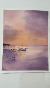 Watercolor painting lonely boat
