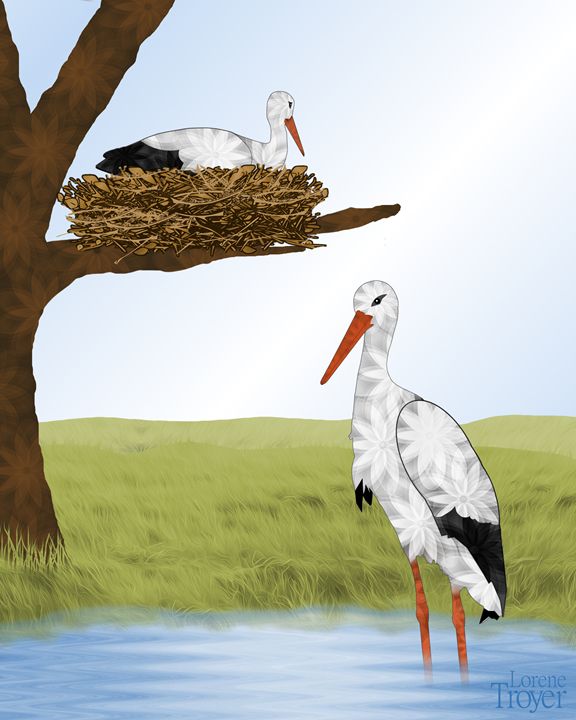 White Storks and Nest - Art by Lorene