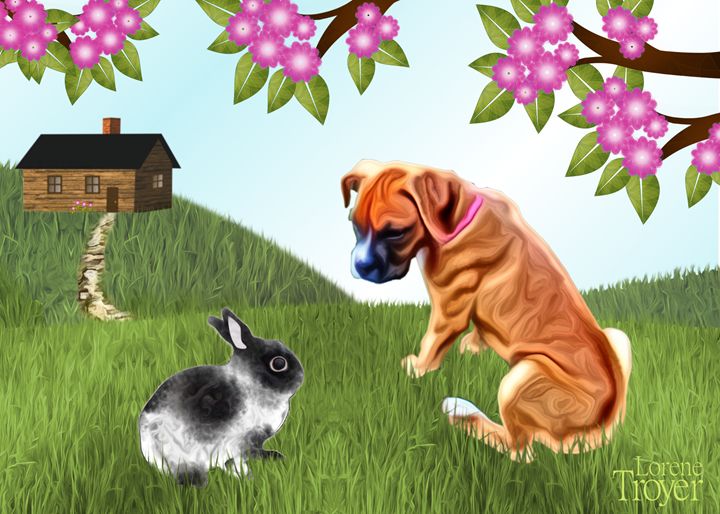 Rabbit and Boxer Pup - Art by Lorene