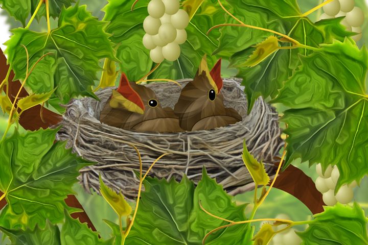 Baby Birds in Nest in Grapevines - Art by Lorene