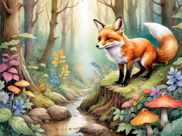 Fox original painting forest art fox animals painting Magic forest Fox wall art wild top animals art fairytale illustration, winter landscape