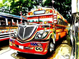 Fiery Red Bus - Dan Radin Guatemalan Digital Photography Art