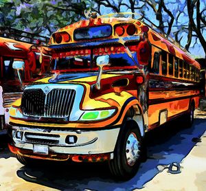 Orange, yellow, and green bus