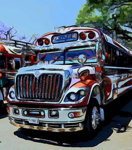 Red, white, and blue bus