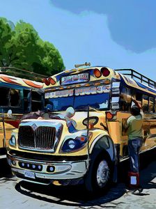 Driver Washing Yellow Bus