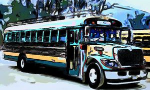 turquoise green bus
