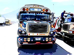 Bus with Blue and Man on Hood - Dan Radin Guatemalan Digital Photography Art
