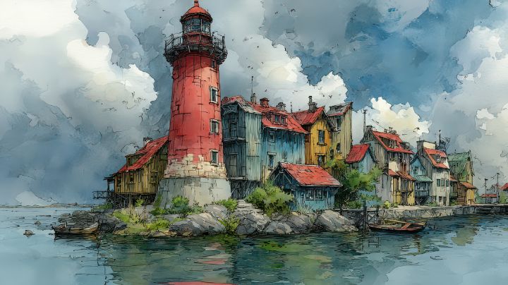 Colorful Lighthouse with Vintage Hou - LynnoAti - Digital Art & AI ...