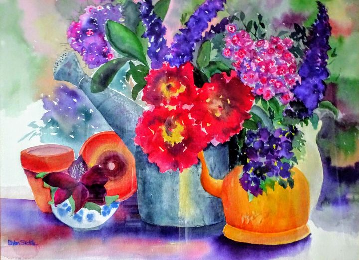 Flowers in a Water Bucket and Teapot - Darlene Van Sickle