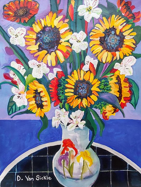 Sunflowers and Alstroes in a Vase - Darlene Van Sickle