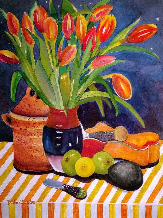 Orange Tulips with Cannister & Fruit - Darlene Van Sickle